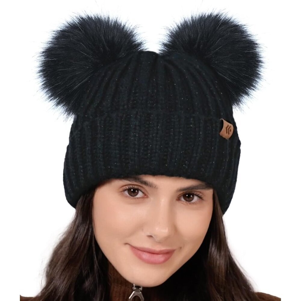 Double Pom Pom Beanie for Women Girls Warm Fleece Lined Knit Black Winter Hat